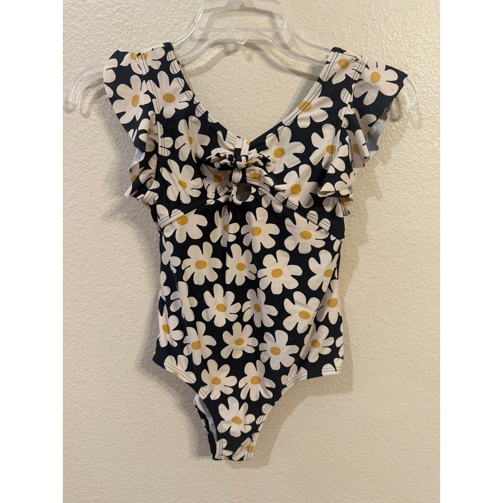 Jessica Simpson Girls Daisy Floral One Piece Swimsuit Black White Ruffle Size 10